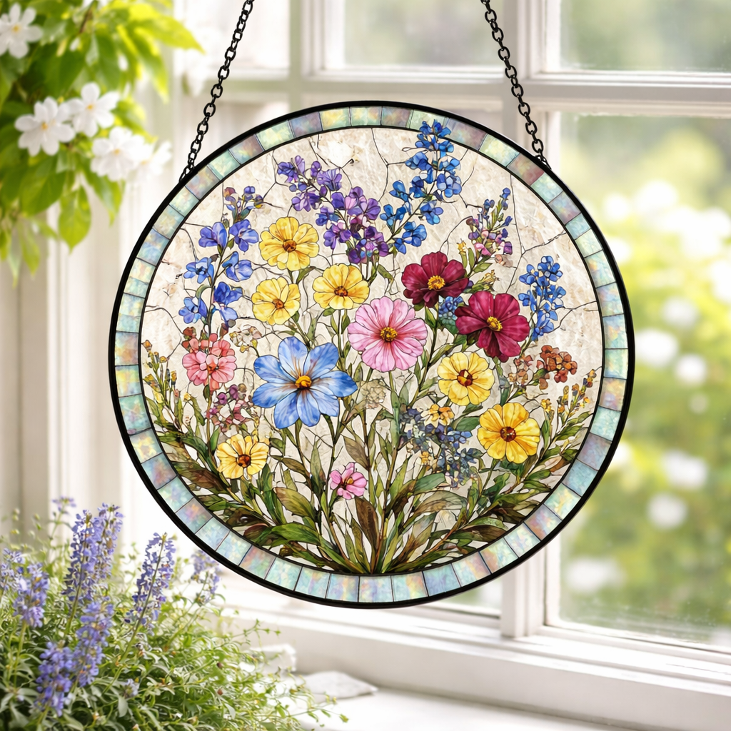 Stained Glass Wildflowers Suncatcher Mother's Day Gift Wildflowers Window Decor Gift For Grandma, Nature Lover Glass Suncatcher Family Gift