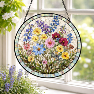 Stained Glass Wildflowers Suncatcher Mother's Day Gift Wildflowers Window Decor Gift For Grandma, Nature Lover Glass Suncatcher Family Gift