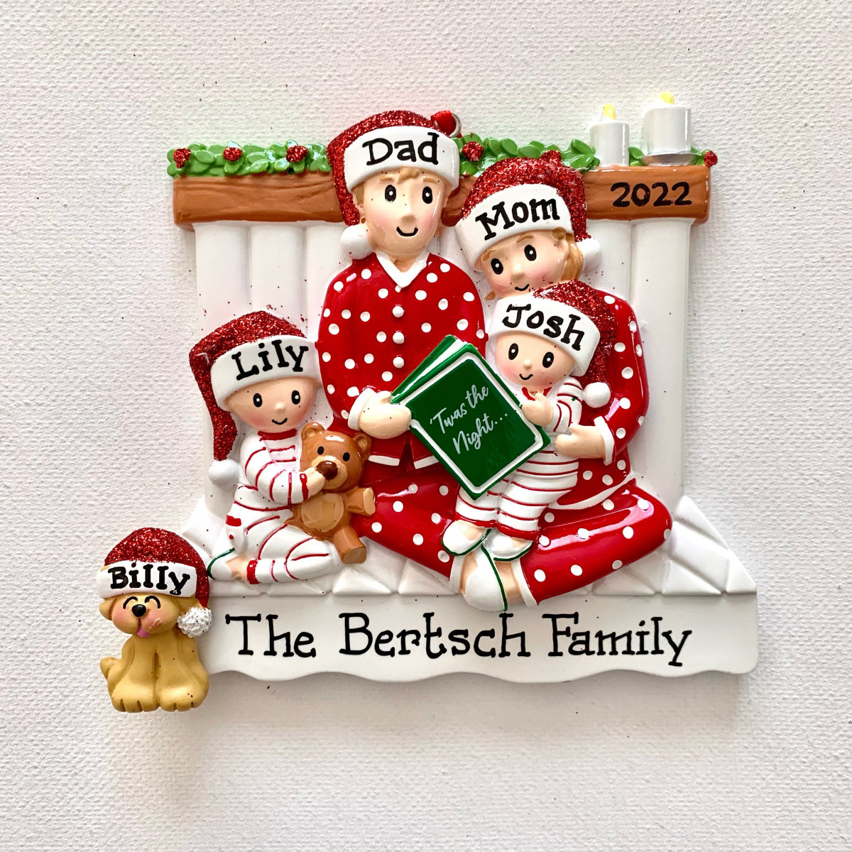 Family Of Four Reading In Pajamas, Family of Four with Matching Pajamas, Personalized Christmas Ornament With Optional Pet