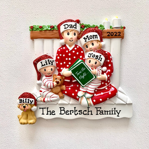 Family Of Four Reading In Pajamas, Family of Four with Matching Pajamas, Personalized Christmas Ornament With Optional Pet