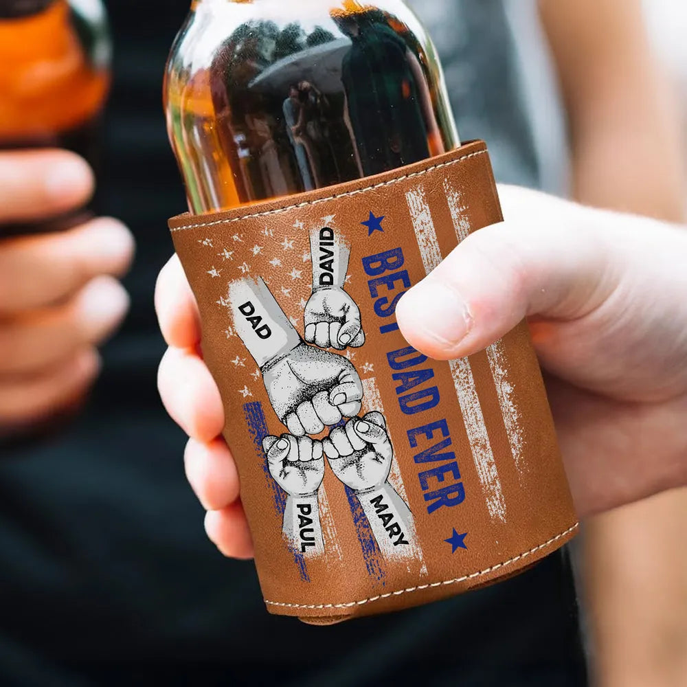 Best Dad Ever Dad & Kid Fist Bump - Personalized Leather Can Cooler - Gift For Dad, Grandpa, Father's Day