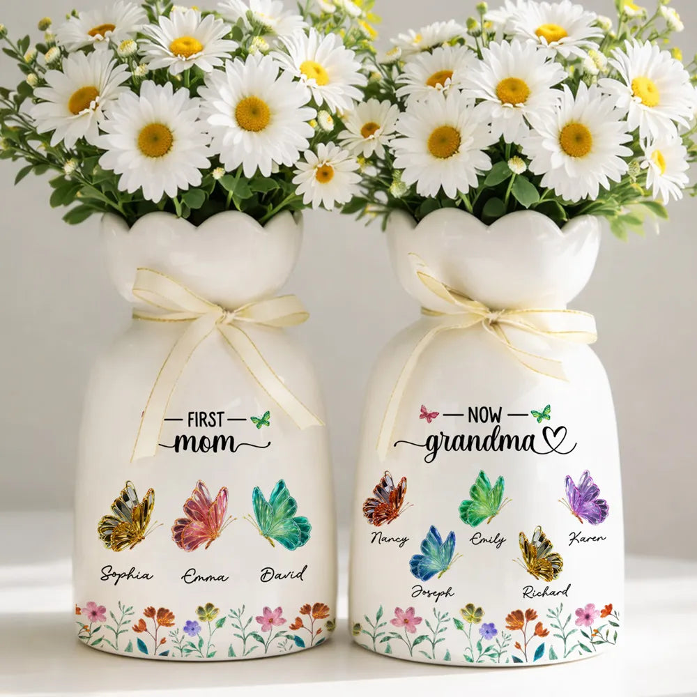 First Mom Now Grandma Butterflies - Personalized Bloom Vase - Gift For Grandma, Mom, Mother's Day Gift