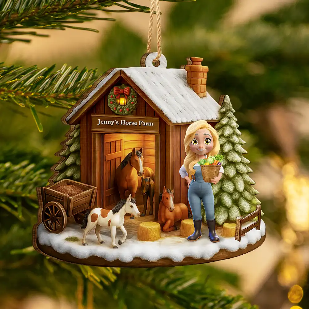 3D Effect Christmas Horse Farm - Personalized Custom Shaped Wooden Ornament
