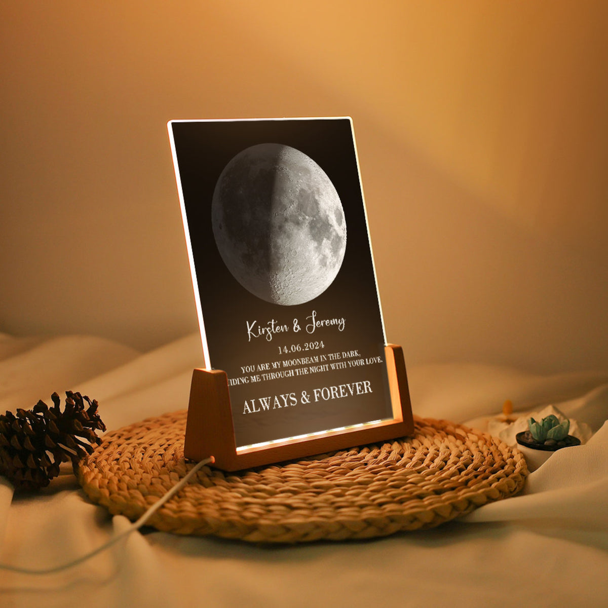 Personalized Moon Lamp, Custom Night light Moon Phase, LED Acrylic Night Light Couple Room Decor, Valentinedays Gift Plaque for Couple