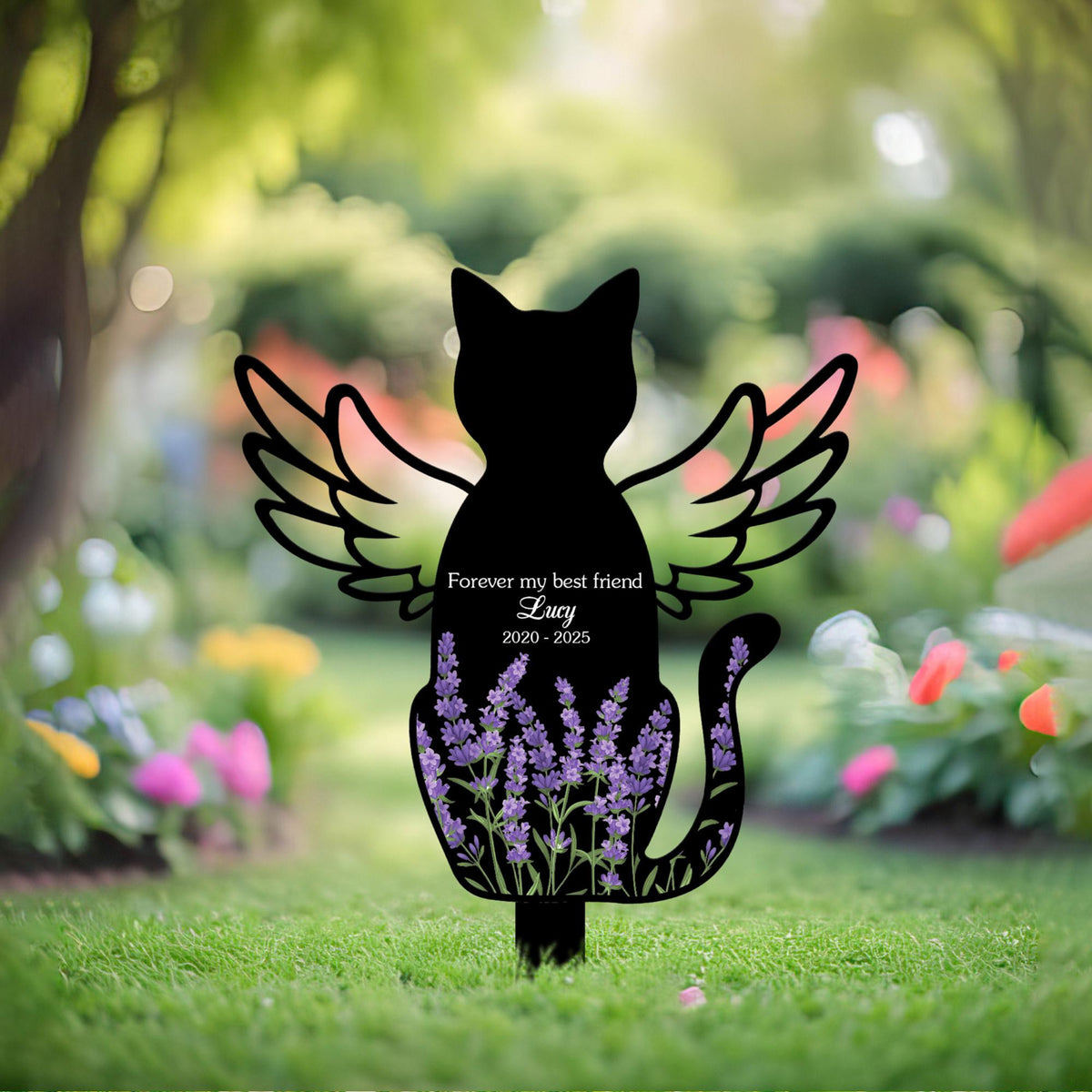 Personalized Cat Memorial Stake, Cat with Angel Wings Memorial Sign, Floral Cat Sign, Pet Loss Gift, Grave Marker, Pet Garden Sign