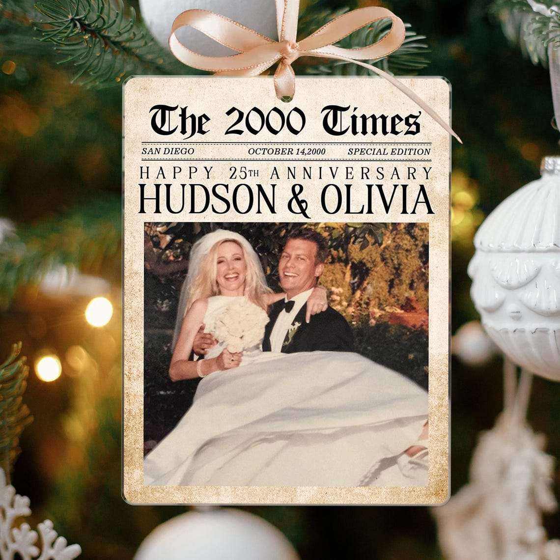 Personalized Wedding Anniversary Ornament, Newspaper Couple Photo Ornament, Acrylic Christmas Keepsake