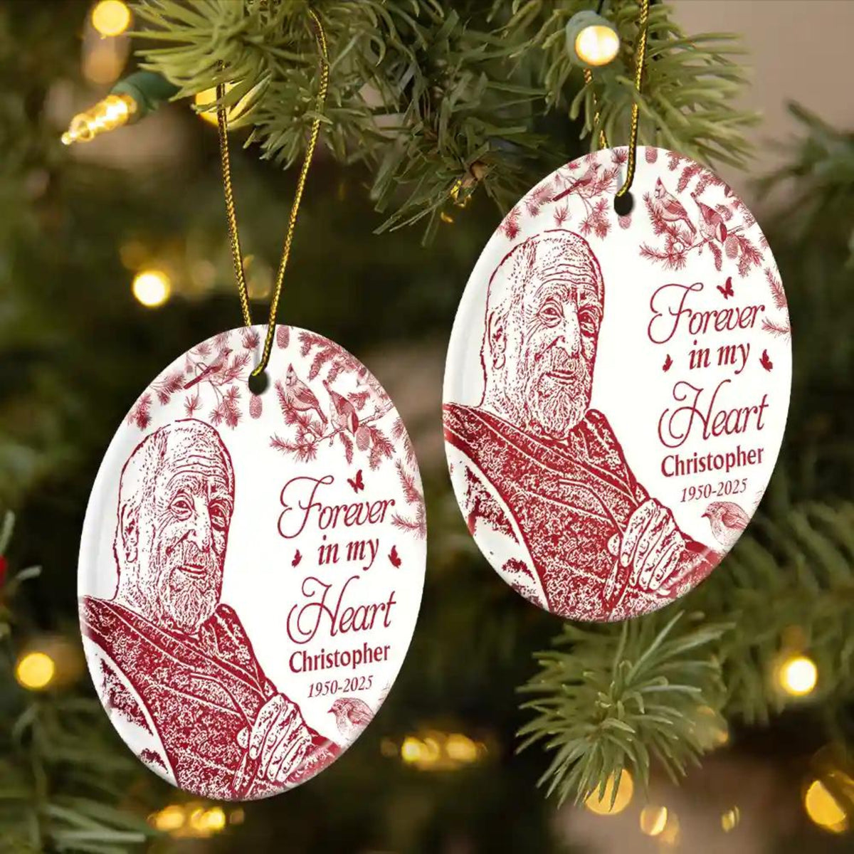 Custom Photo Pencil Drawing Toile De Jouy Memorial Although You Cannot See Me, Personalized Circle Ceramic Ornament, Christmas Decoration