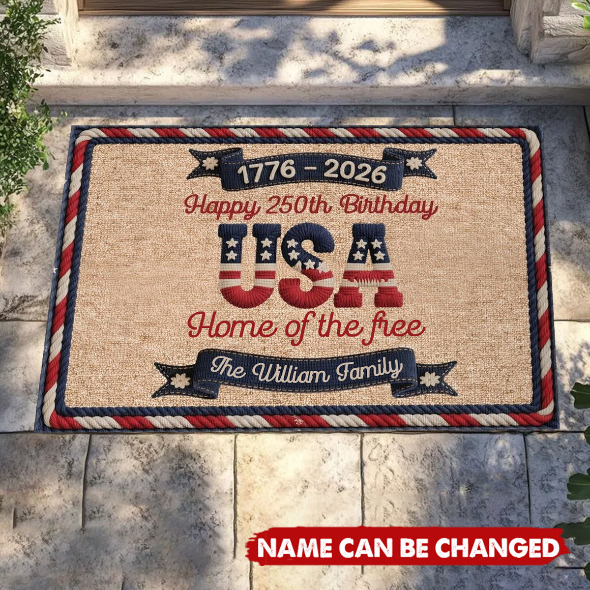 USA 250Th Birthday Faux Yarn Pattern - Personalized Doormat - Patriotic Gift For Family, 4th of July Gift