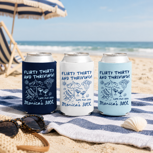 Flirty Thirty and Thriving Birthday Can Coolers, 30th Birthday Personalized Can Sleeves, Beach Coastal Birthday Party Favors