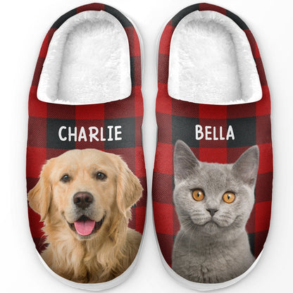 Custom Photo Puppy & Kitty - Personalized Fleece Slipper - Christmas Gift For Pet Lovers