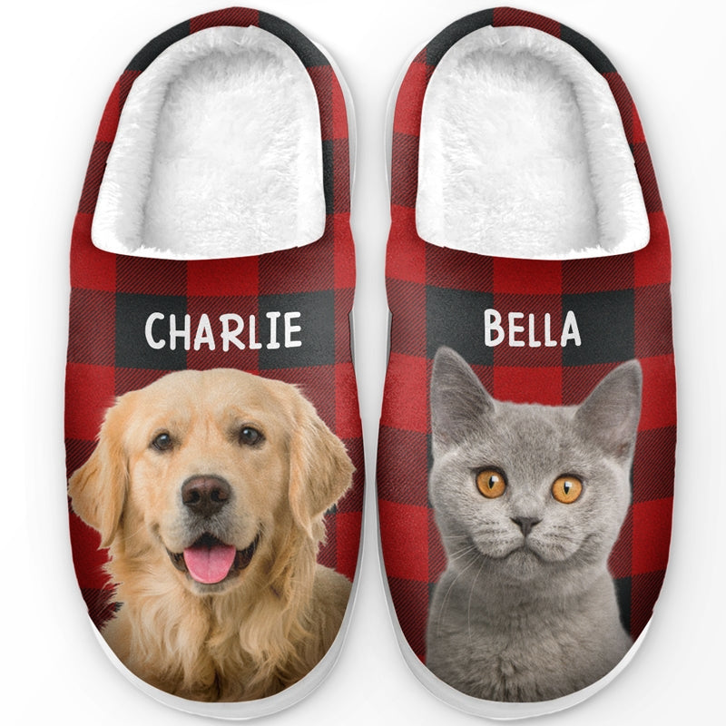 Custom Photo Puppy & Kitty - Personalized Fleece Slipper - Christmas Gift For Pet Lovers