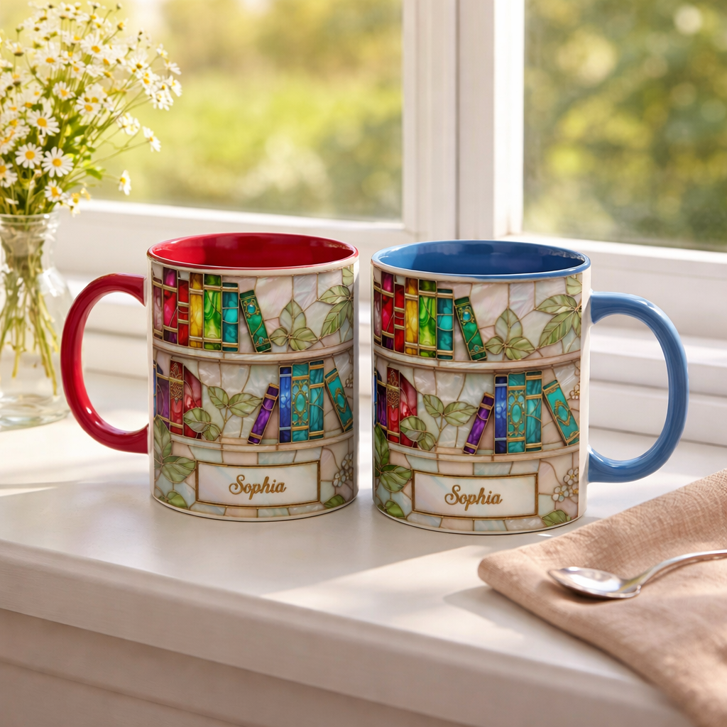 Personalized Stained Glass Bookshelf Ceramic Mug, Custom Name Mug For Book Lovers, Book Gift