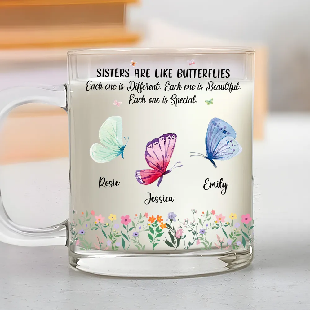 Sisters Are Like Butterflies - Personalized Glass Mug - Gift For Sisters, Besties, Soul Sisters