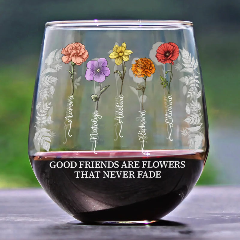 Custom Photo Birth Flower Grow An Old Friend Bestie - Personalized Wine Glass - Gift For BFF, Bestie, Friends, Soul Sisters
