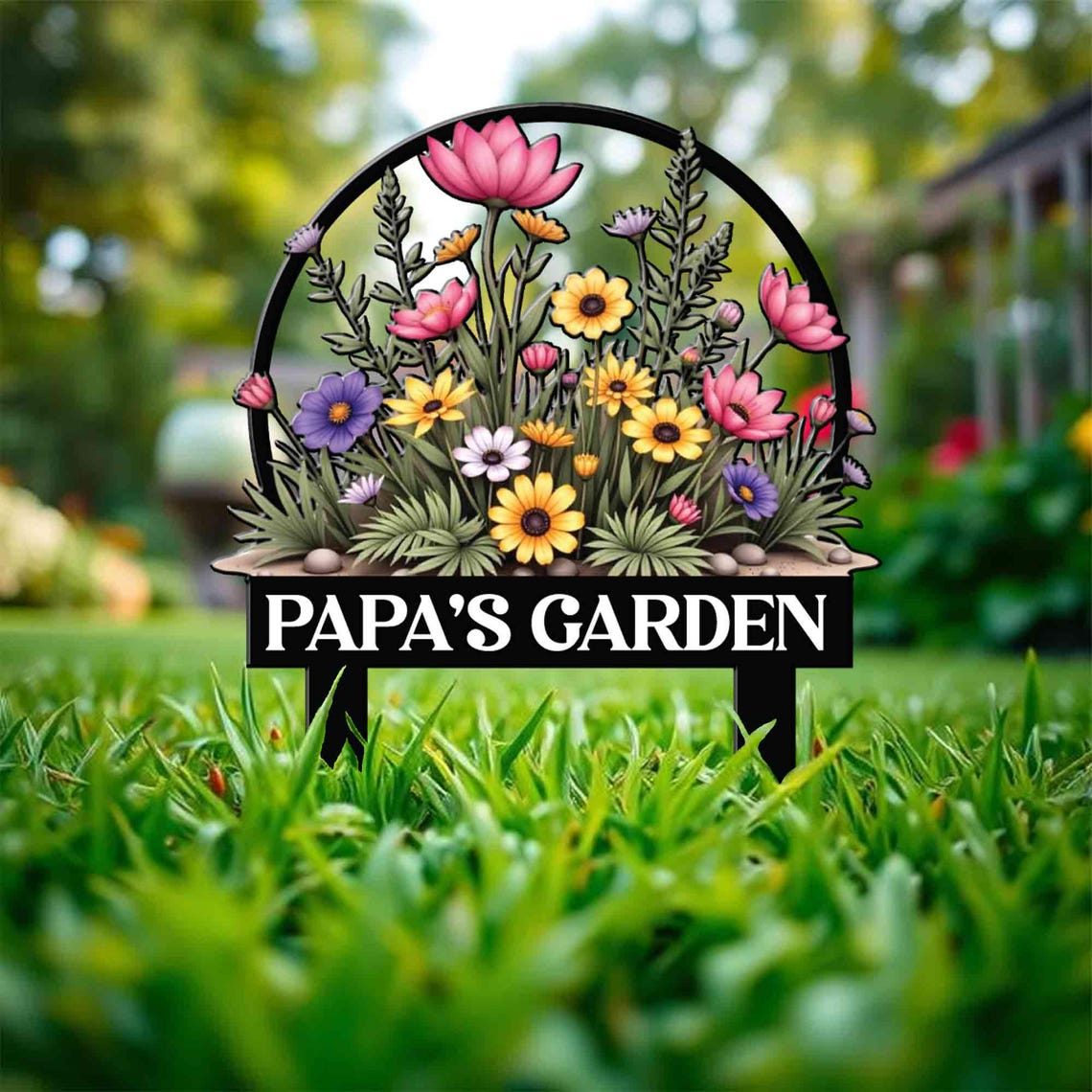 Personalized Garden Metal Sign With Stakes, Custom Garden Name Sign, Garden Flower Sign, Metal Yard Art, Housewarming Gift