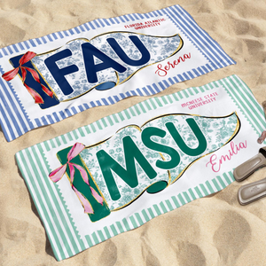 Personalized School Spirit Beach Towel: Coquette College Pennant Flag Towel, Grandmillennial Striped Towel, Sorority Girls Graduation Gift
