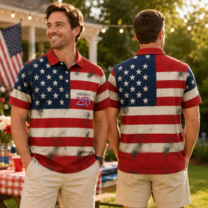 Vintage Patriotic Polo Shirt, USA Flag Mens Polo, 1776 2026 America 250th Shirt, 4th of July Summer Shirt