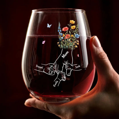 Mom's Flower Hand With Kids - Personalized Wine Glass - Gift For Mom, Mother's Day, Birthday Gift