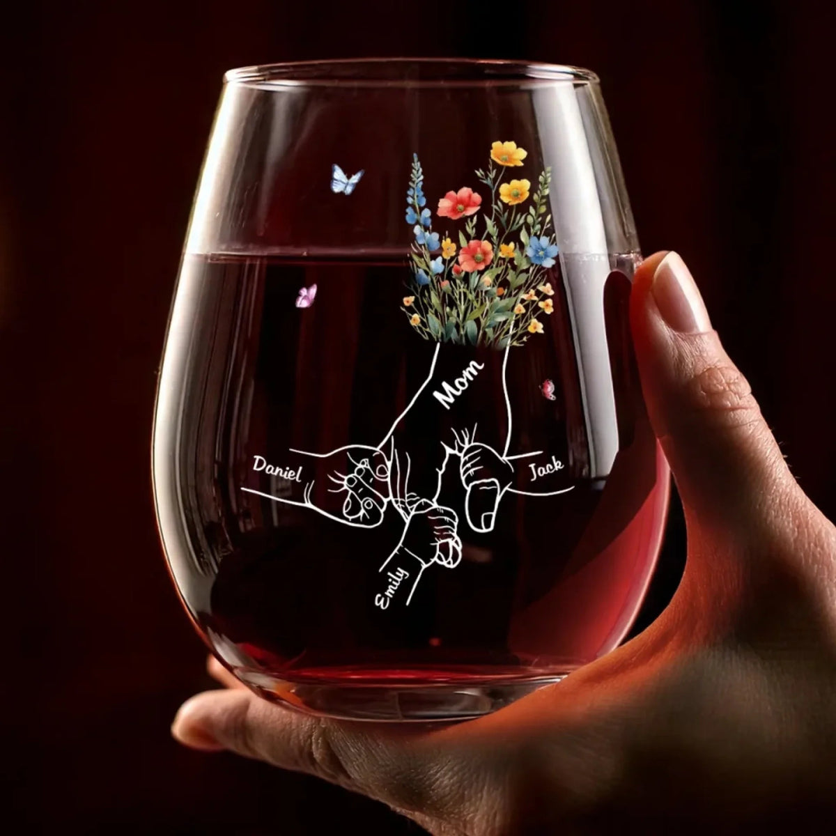 Mom's Flower Hand With Kids - Personalized Wine Glass - Gift For Mom, Mother's Day, Birthday Gift