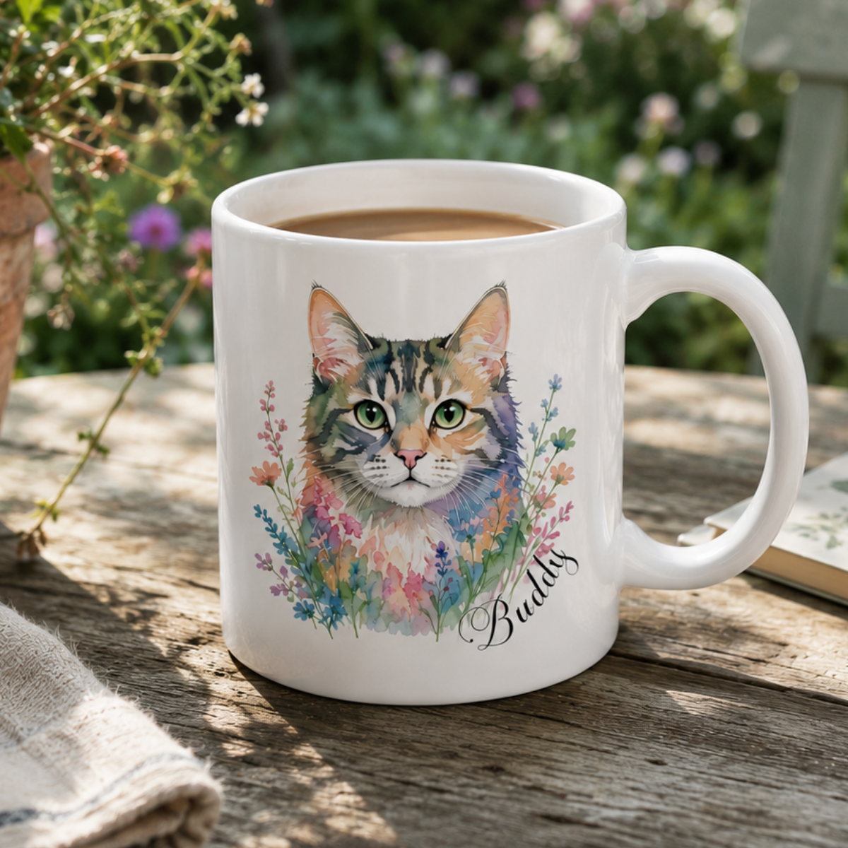 Custom Pet Portrait Mug, Personalized Cat Watercolor Coffee Mug with Pet Name Gift for Cat Lovers