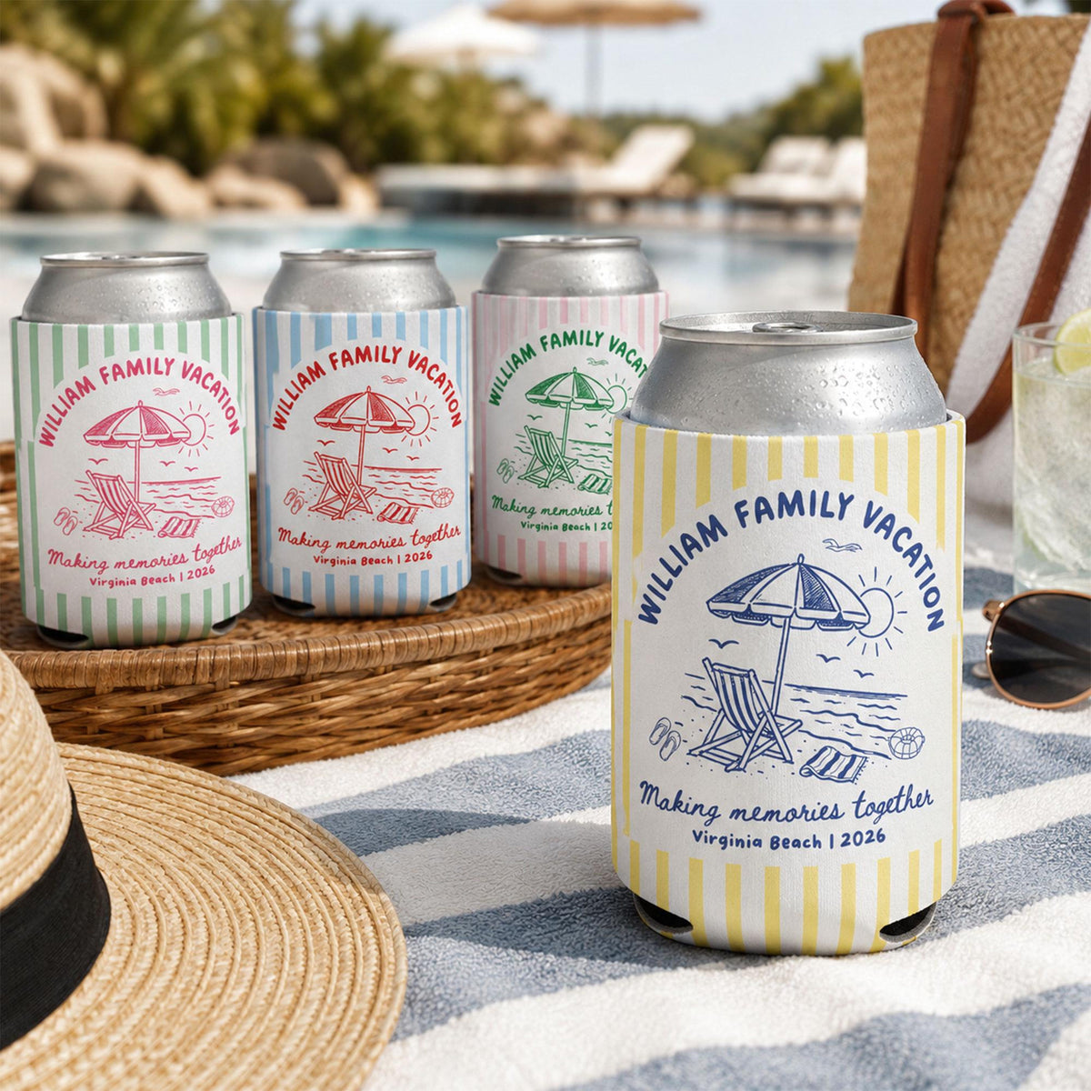 Custom Beach Family Vacation Can Coolers, Personalized Family Reunion Beer Huggers, Matching Coastal Vacation Gift, Family Summer Vacation