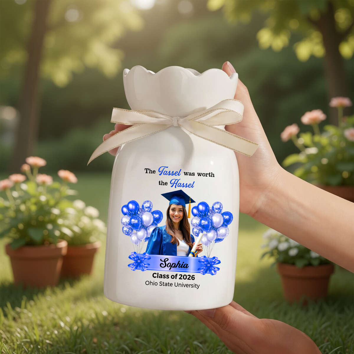 Congrats Graduation Personalized Ribbon Tie Flower Vase
