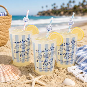 Personalized Seashells and Wedding Bells Plastic Cup, Seashell Bachelorette Cup, Coastal Bachelorette Drinkware, Beach Club Stripes Cup