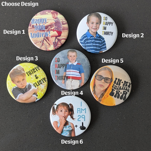 Custom 30th Birthday Party Favor Milestone Birthday Photo Pins Adult Party Favors Face Cut Out Buttons Funny Pin Badge Button for Birthdays