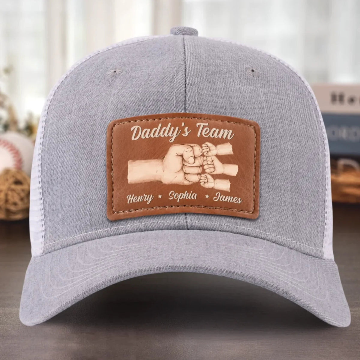 Daddy's Team Is Unbreakable - Personalized Leather Label Net Hat - Gift For Dad, Father's Day