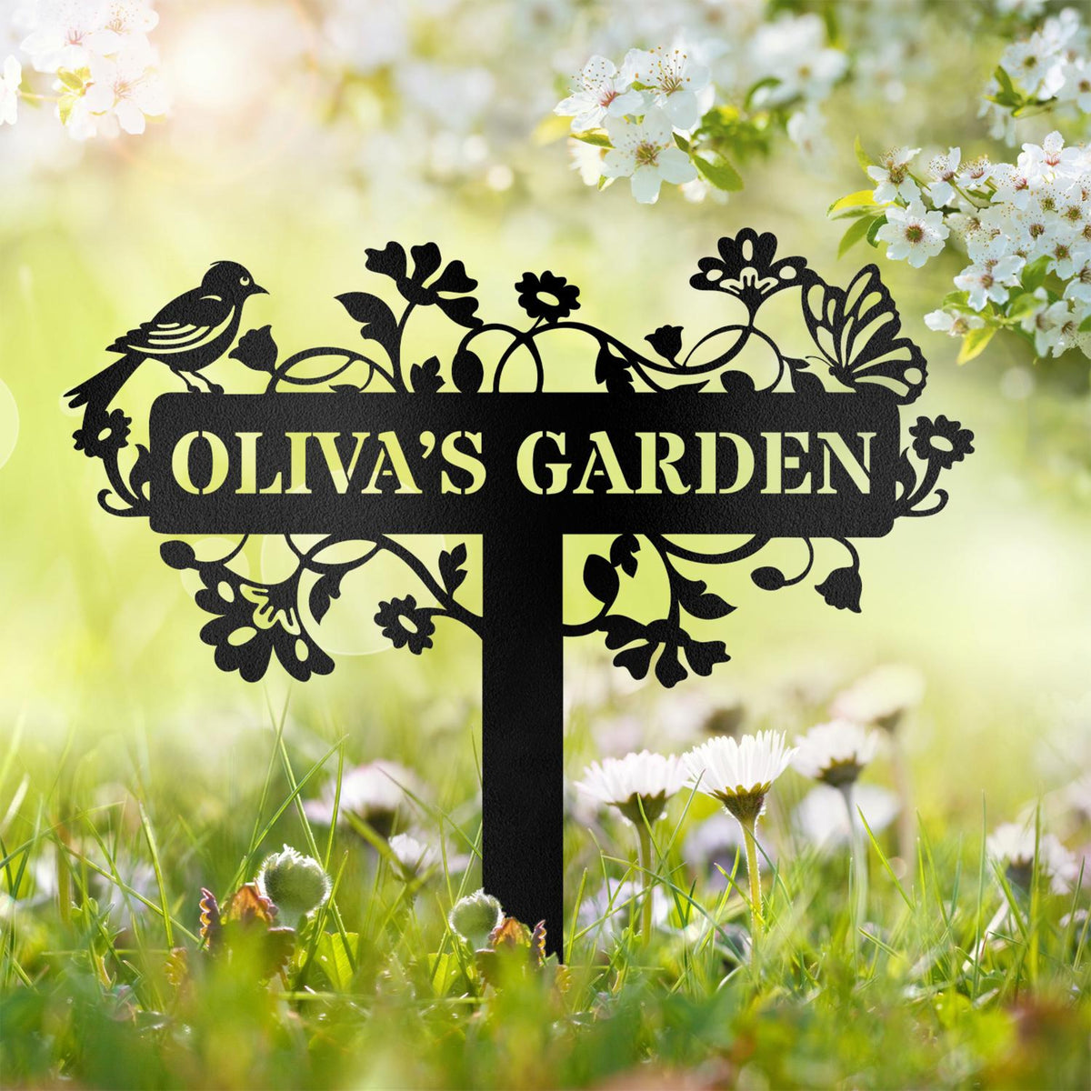 Custom Metal Garden Sign, Bird & Flower Design, Personalized Name Sign