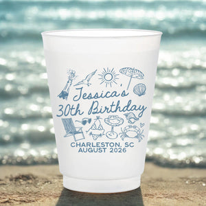 Beach Birthday Cups Coastal Birthday Party Decor, Custom Frosted Cup for Birthday Party, Personalized Frosted Cup