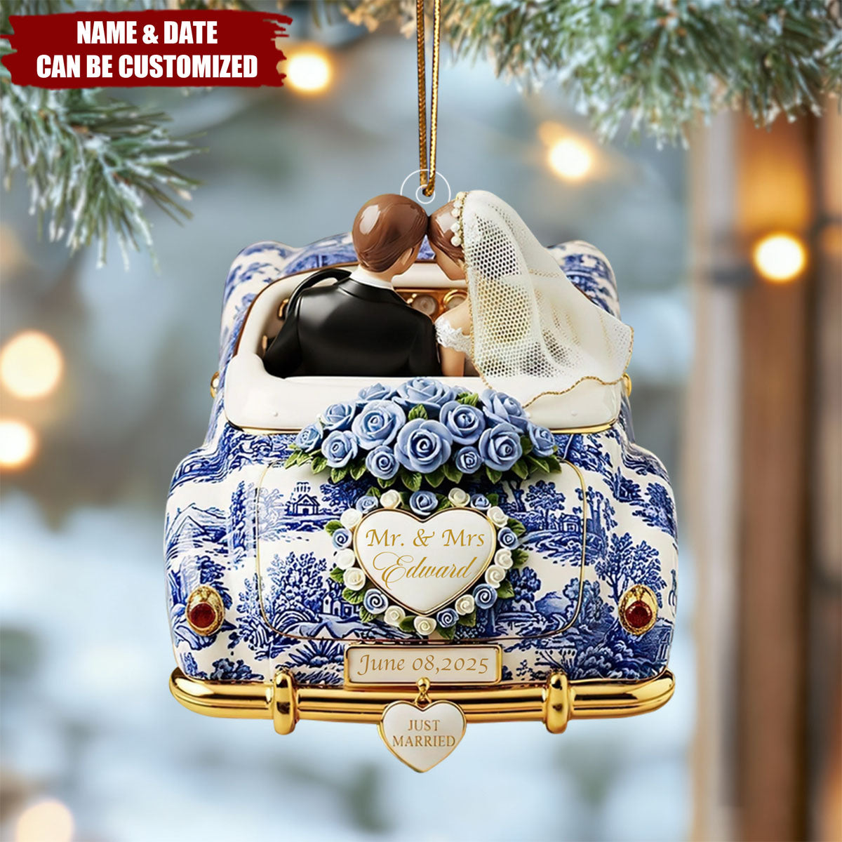 Just Married Toile de Jouy - Personalized Acrylic Ornament - Wedding Gifts For Couple