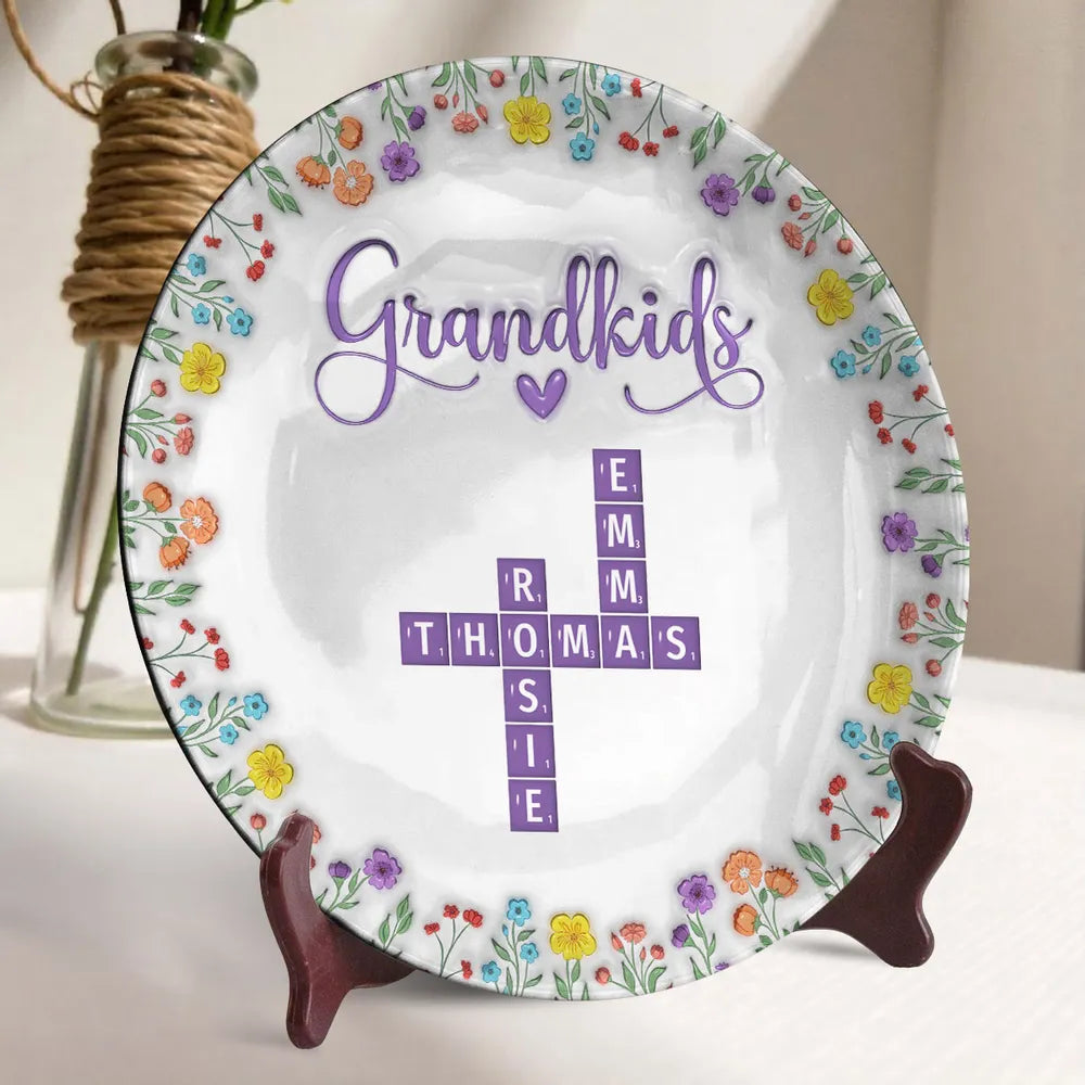 Grandkids Crossword - Personalized 3D Inflated Printed Effect Ceramic Plate - Gift For Grandma