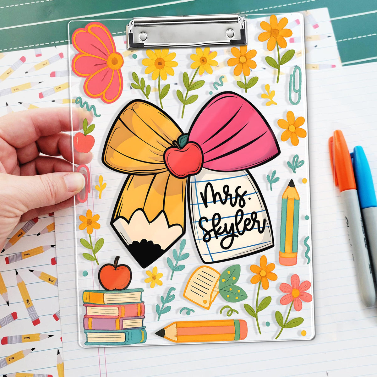 Personalized Teacher Appreciation Gift, Custom Pencil Floral Teacher Clipboard, End Of Year Gift, Back To School Teacher School Supplies