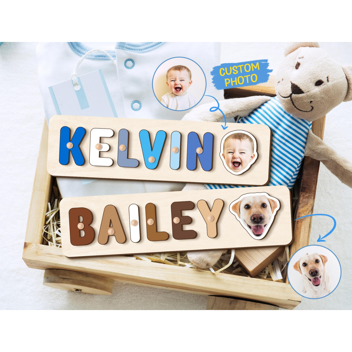 Personalized Name Puzzle for Toddlers, Custom Photo Gift, Wooden Dog Puzzle, Puppy Pet Nursery Decor, 1 2 Year Old Birthday Boy Girl Gifts