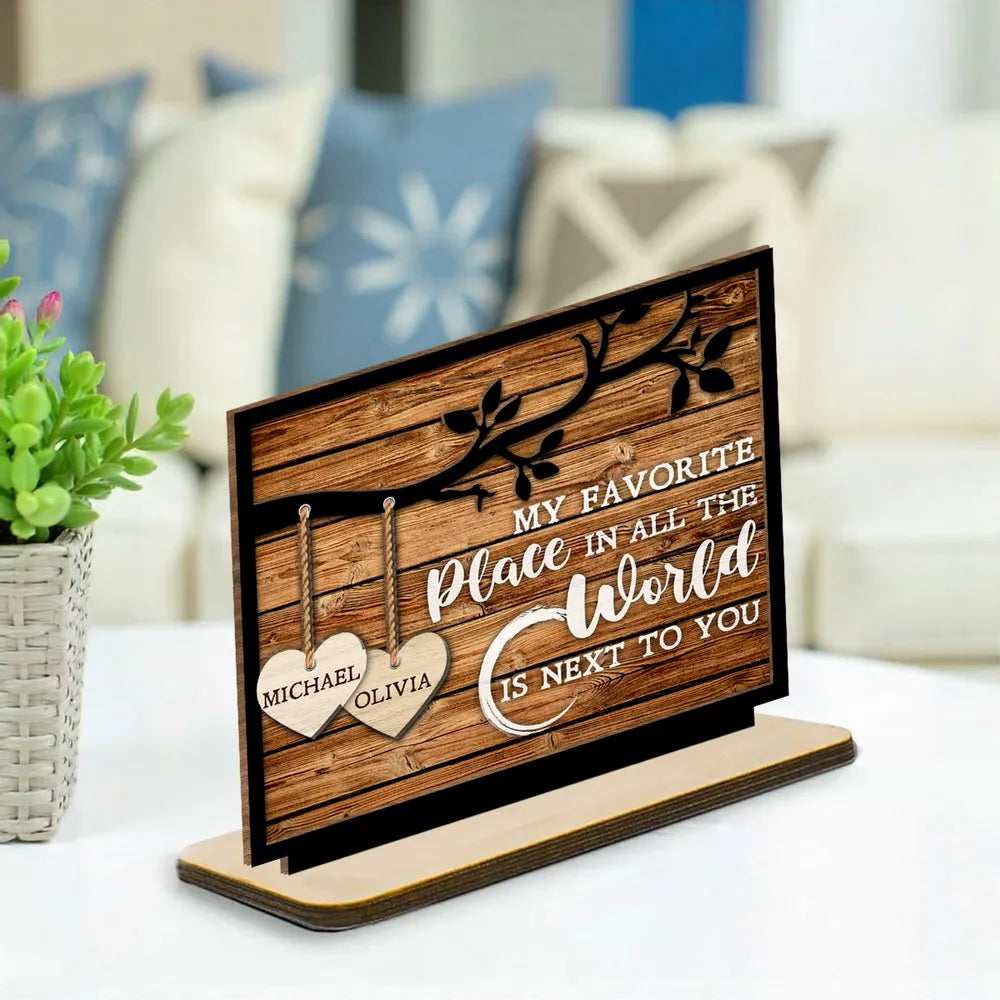 Tree Hearts - Personalized Wooden Plaque With Flat Base - Anniversary Gift, Valentine's Day Gift For Couple