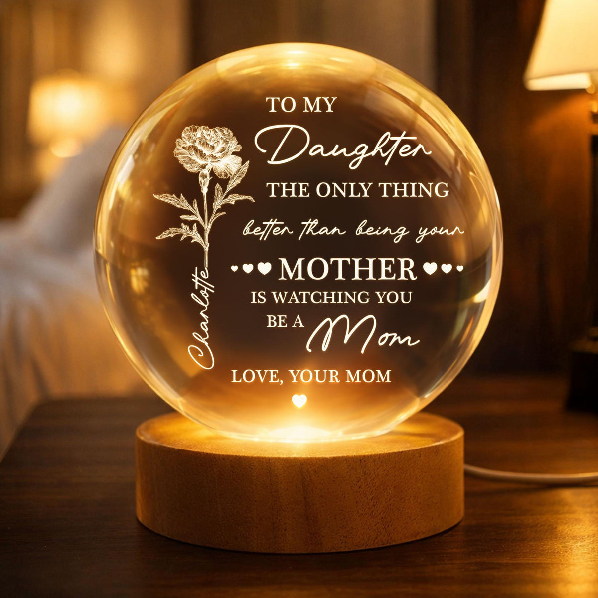 Personalized Watching You Be A Mom Ball Night Light, First Mother Day Gift For Daughter Led Light, 3D Crystal Lamp, New Mom Birthday Gift