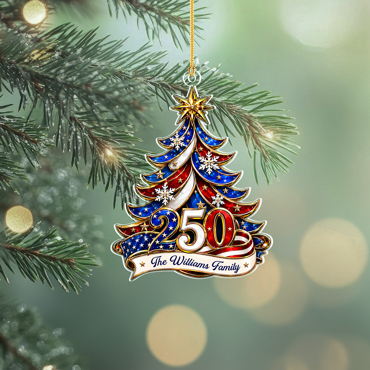 Ornament Patriotic Christmas Tree 250 - Personalized Acrylic Ornament 2d Flat, Custom Family Name America 250th Anniversary Christmas Gift, USA 1776-2026 Keepsake