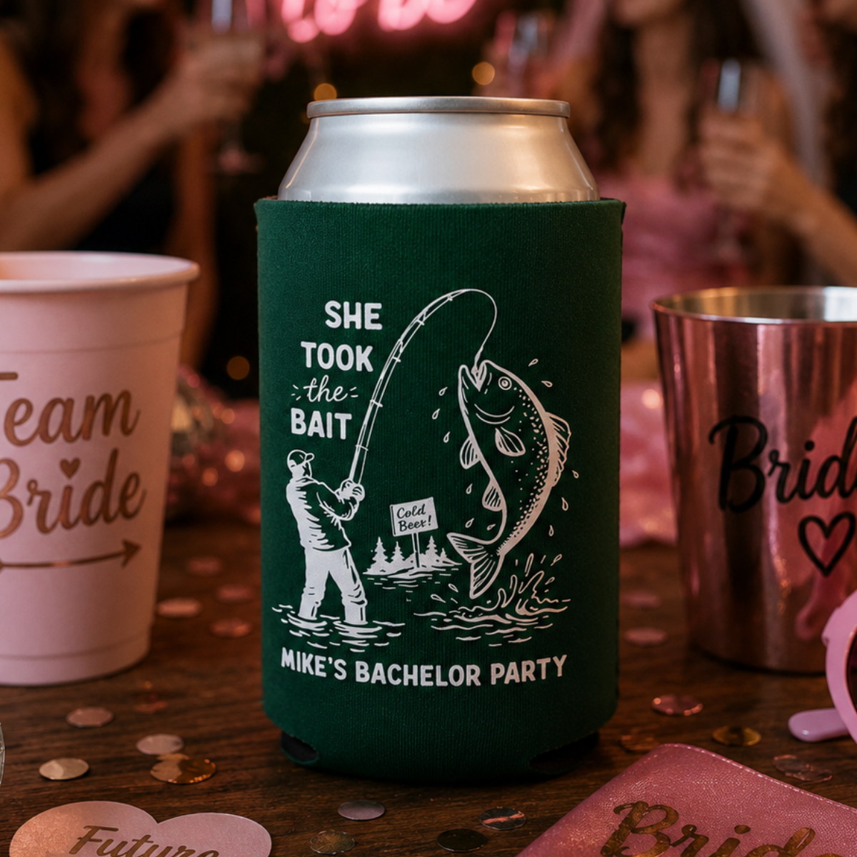 She Took The Bait Bachelor Can Coolers - Custom Fishing Bachelor Party Favors - Personalized Cozies in Regular and Slim Size
