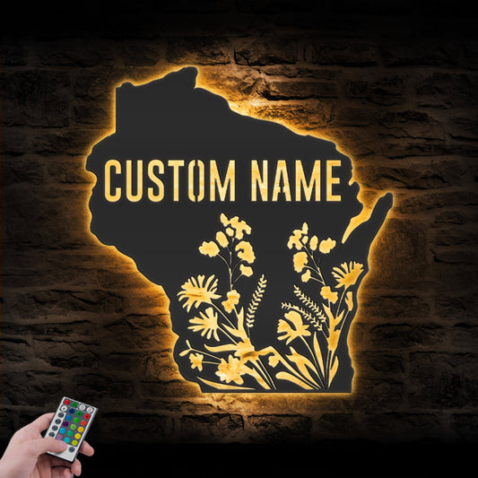 Custom Wild Flower State Metal Wall Art LED Light, Personalized Wildflower Map Name Sign Home Decor, Floral Decoration Christmas