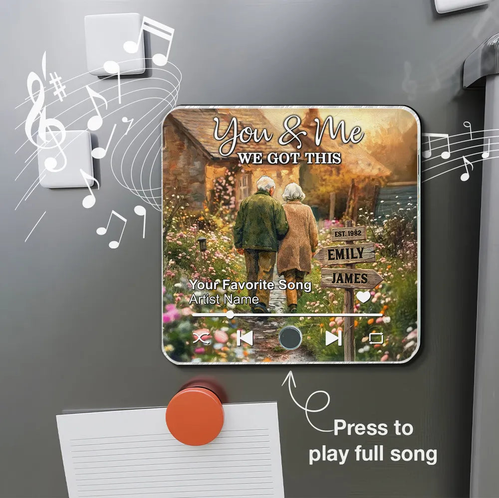 Wild Flower Garden Old Couple Walking Together - Personalized Music Fridge Magnet - Anniversary, Valentine's Day Gift For Couple