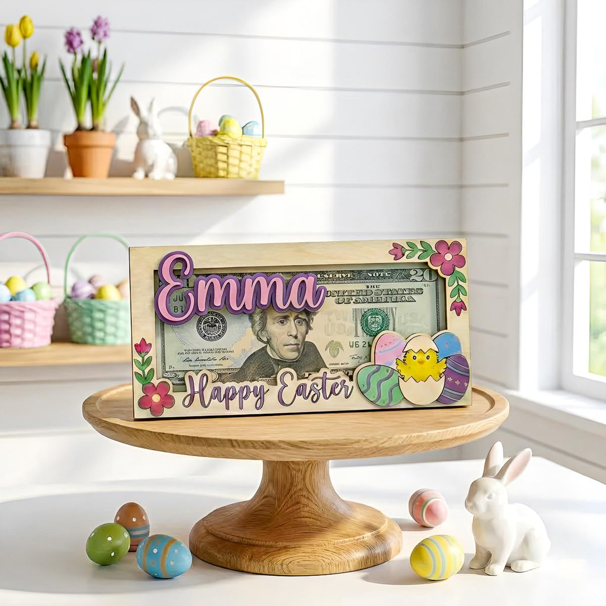 Personalized Easter Money Holder, Custom Wooden Cash Gift Frame for Kids, Bunny Egg Easter Gift Decor, Easter Bunny Wooden Card, Easter Gift
