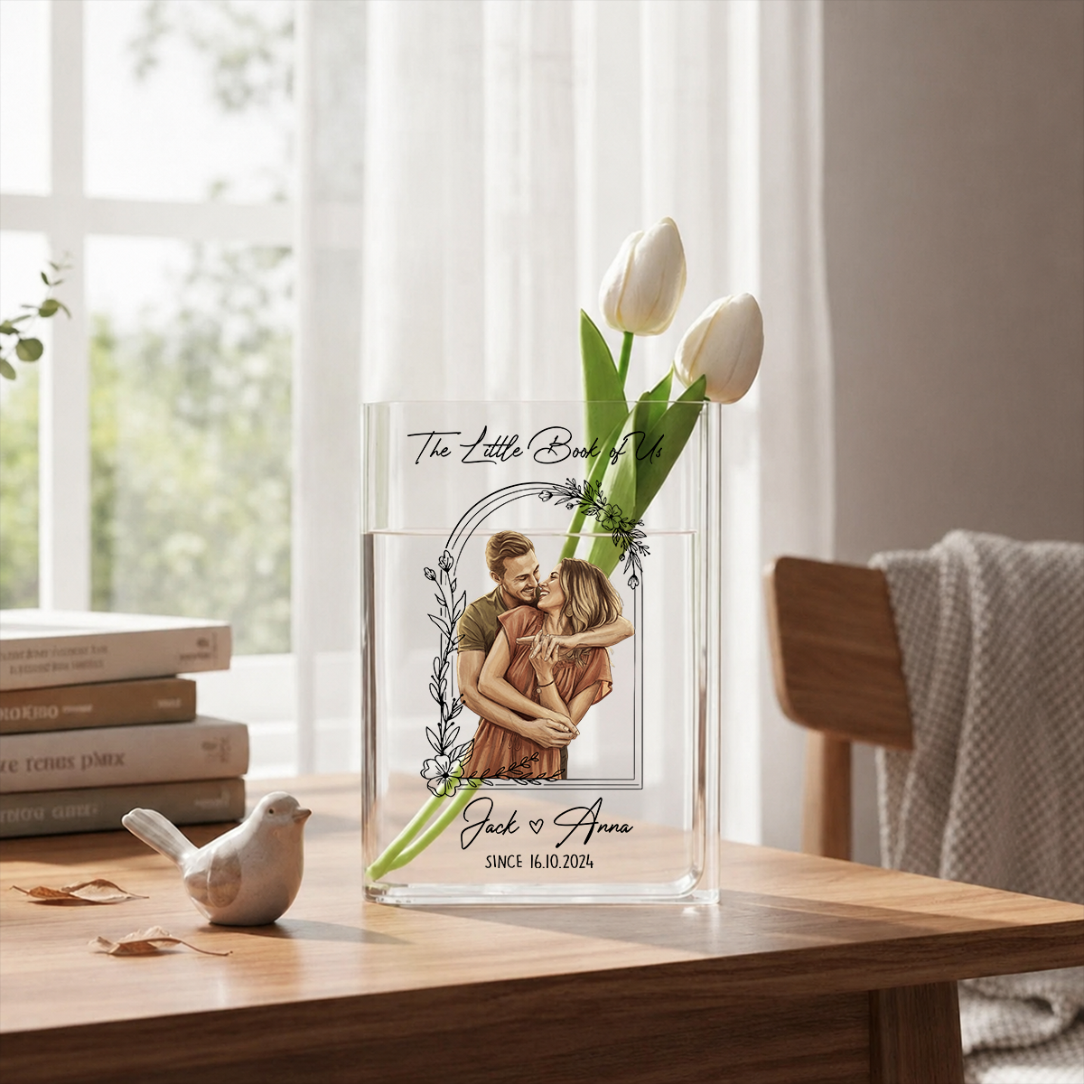 Anniversary Gifts - Custom Photo Couples Art - Personalized Journal Clear Acrylic Book Vase for Flowers, Transparent Flower Vase