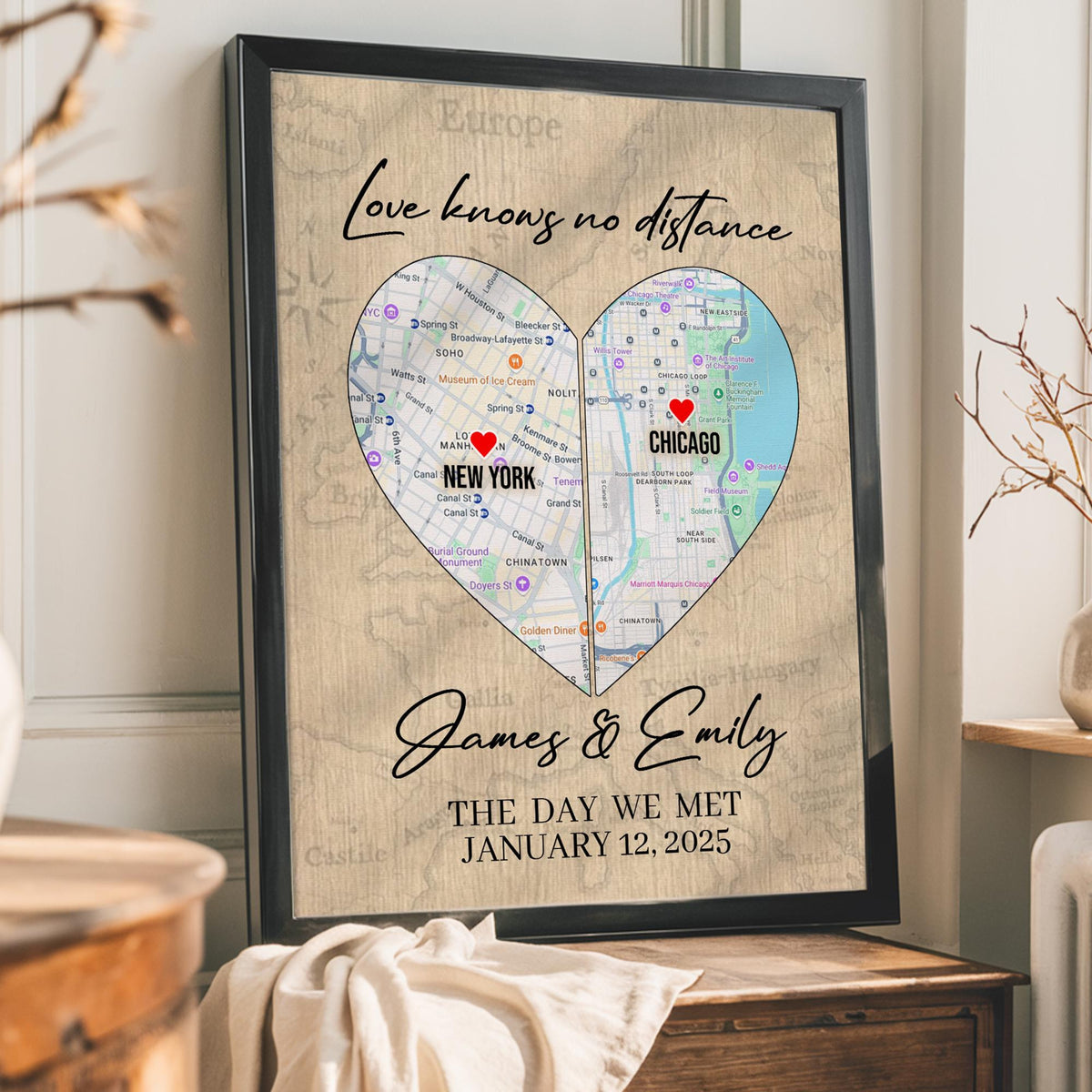 Love Knows No Distance The Day We Met Canvas, State to State Personalized Map Poster, Long Distance Map Print