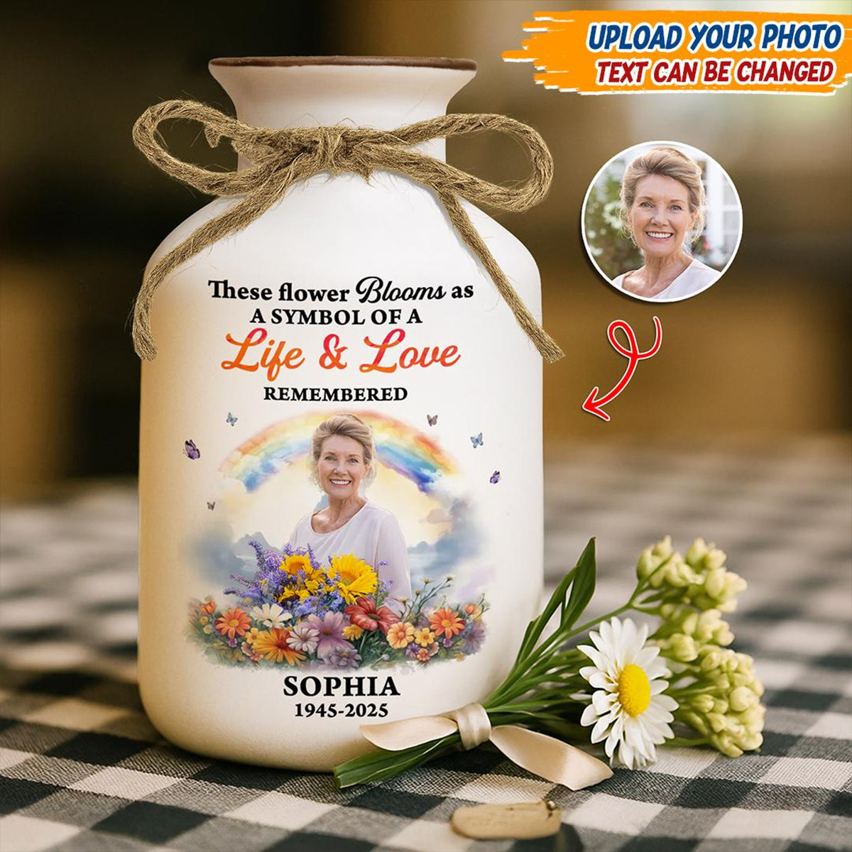 Rainbow Memorial Vase, Personalized Photo Vase, Sympathy Gift, In Loving Memory, Remembrance Gift for Loss of Loved One, Grief Gift