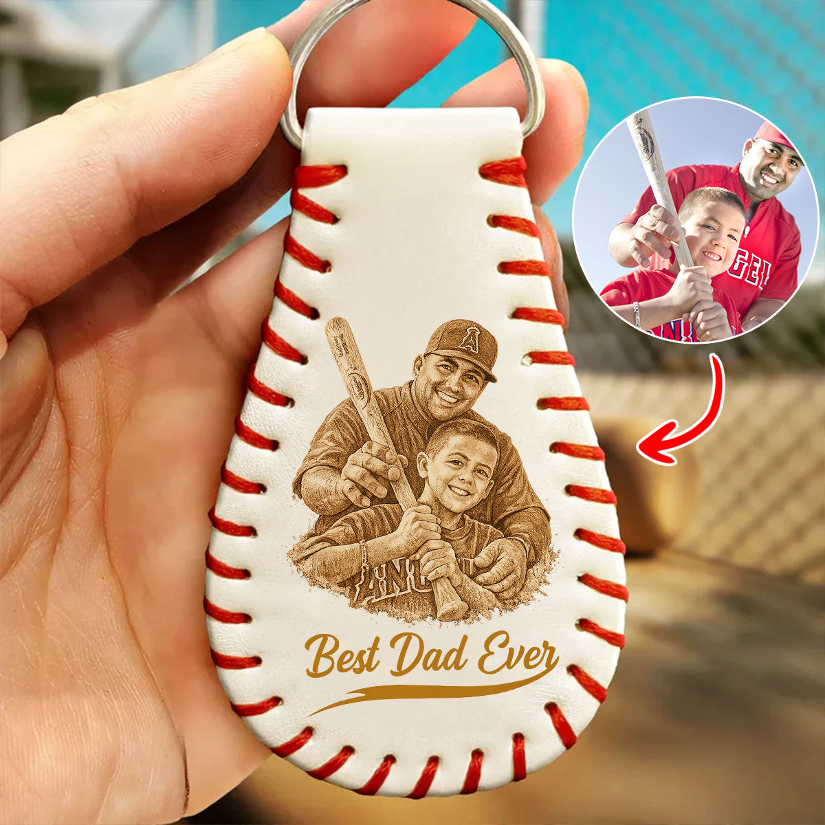 Custom Photo Pencil Drawing Engraved Best Dad Grandpa Ever - Personalized Leather Baseball Keychain