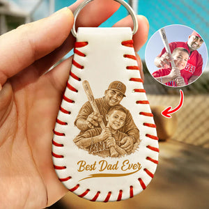 Custom Photo Pencil Drawing Engraved Best Dad Grandpa Ever - Personalized Leather Baseball Keychain