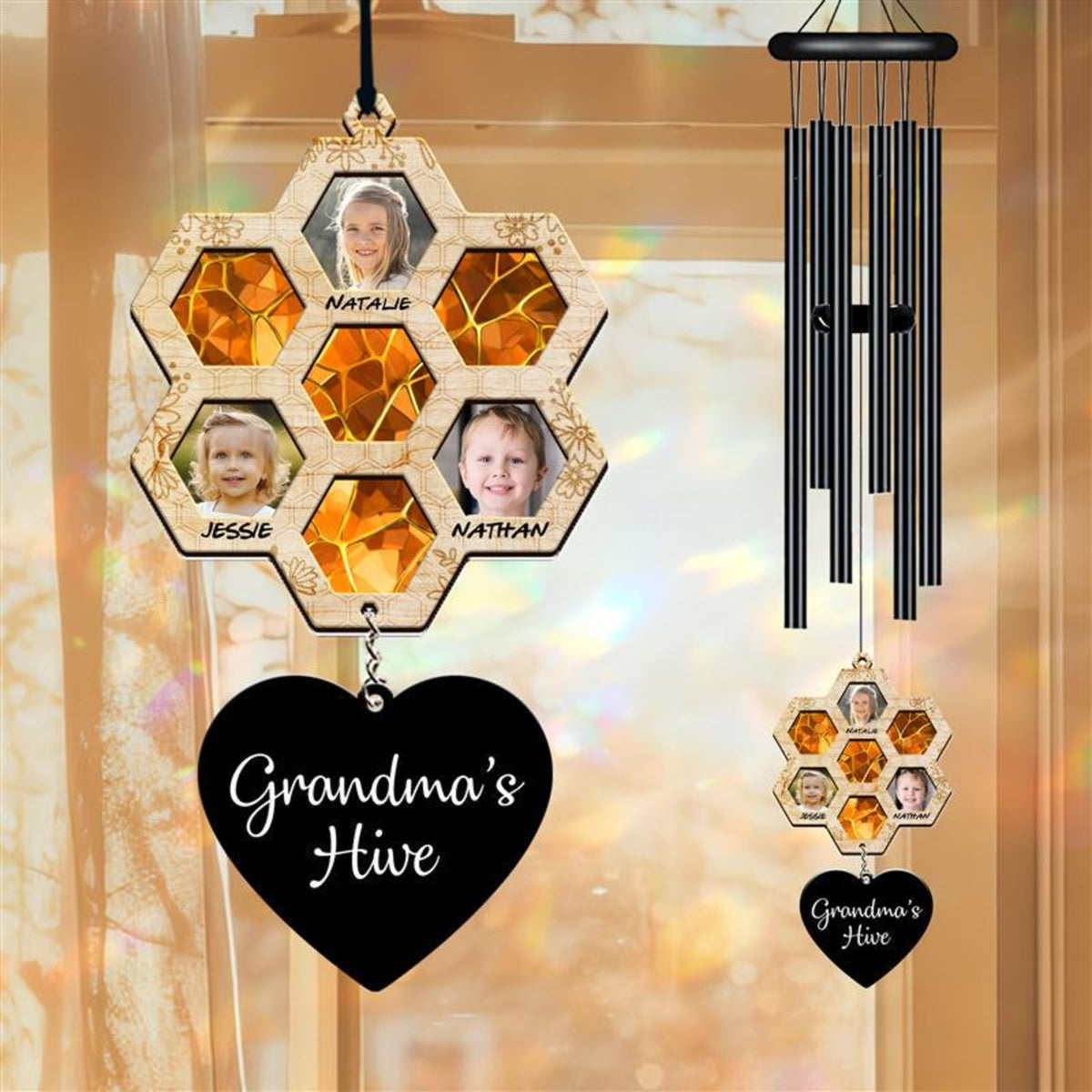 Personalized Honeycomb Wind Chime, Custom Grandma s Hive Wind Chime, Honeycomb Design with Photo, Name, Gift for Grandma, Gift for Mom, Nana