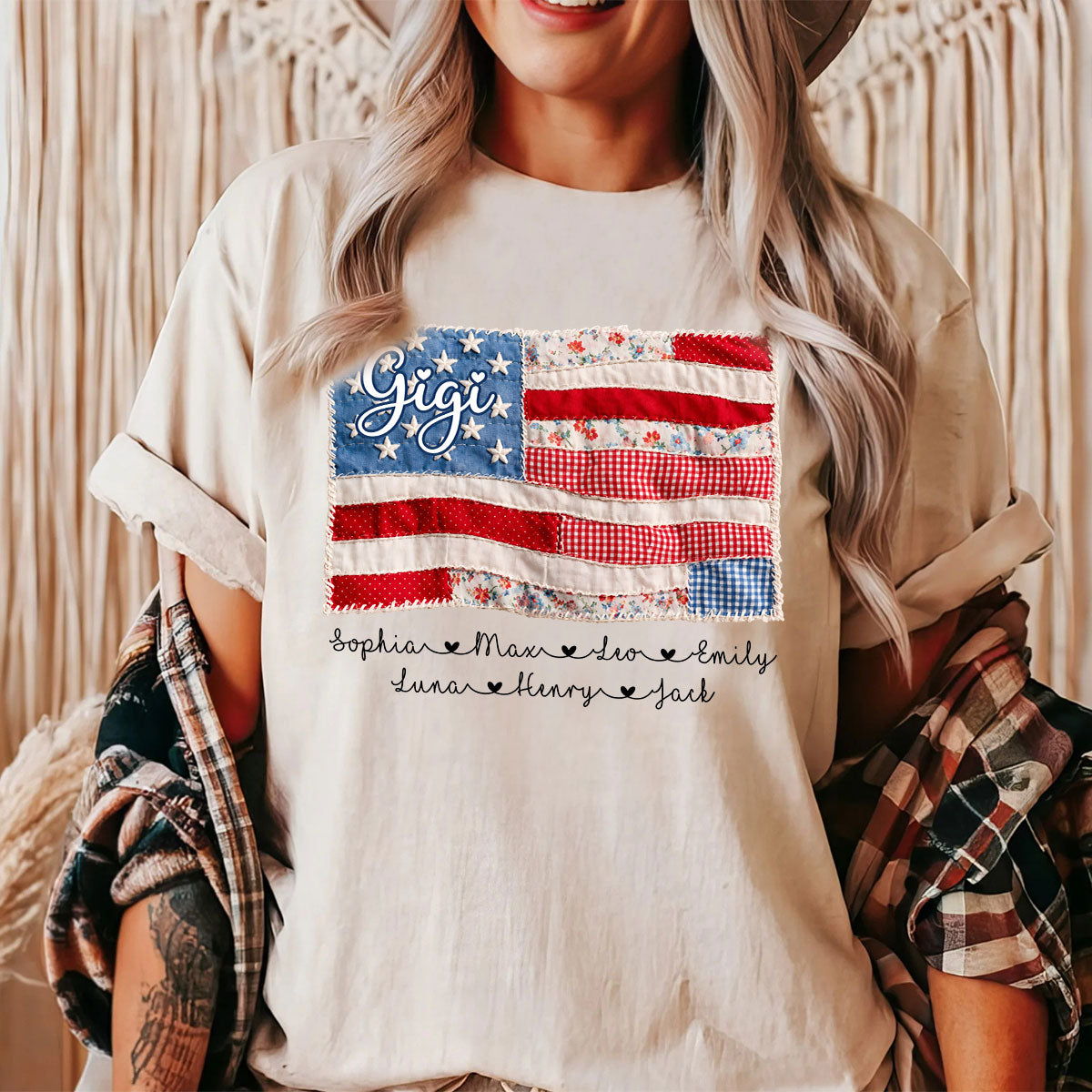Mimi Shirt with Kids Names Patriotic Patchwork American Flag Design Custom Family Tee