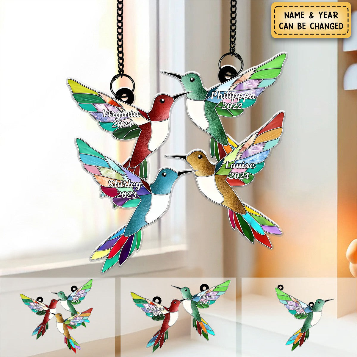 Memorial Hummngbirds - Personalized Suncatcher Stained Glass - Memorial Gift For Family